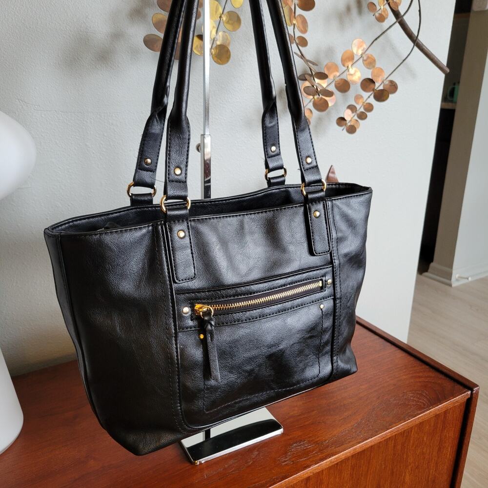 INC International Concepts Black Faux Leather Tote Shoulder Bag Large